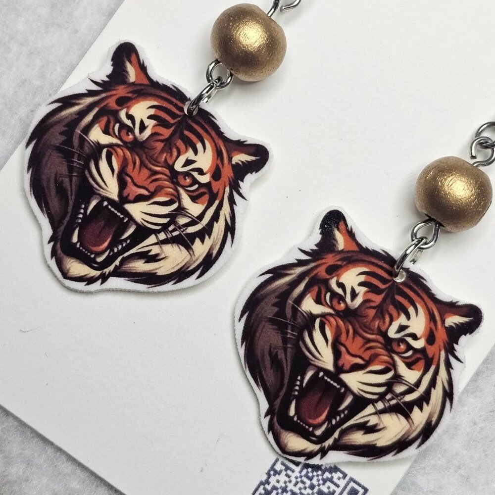 Handmade Tiger Earrings with gold accent beads